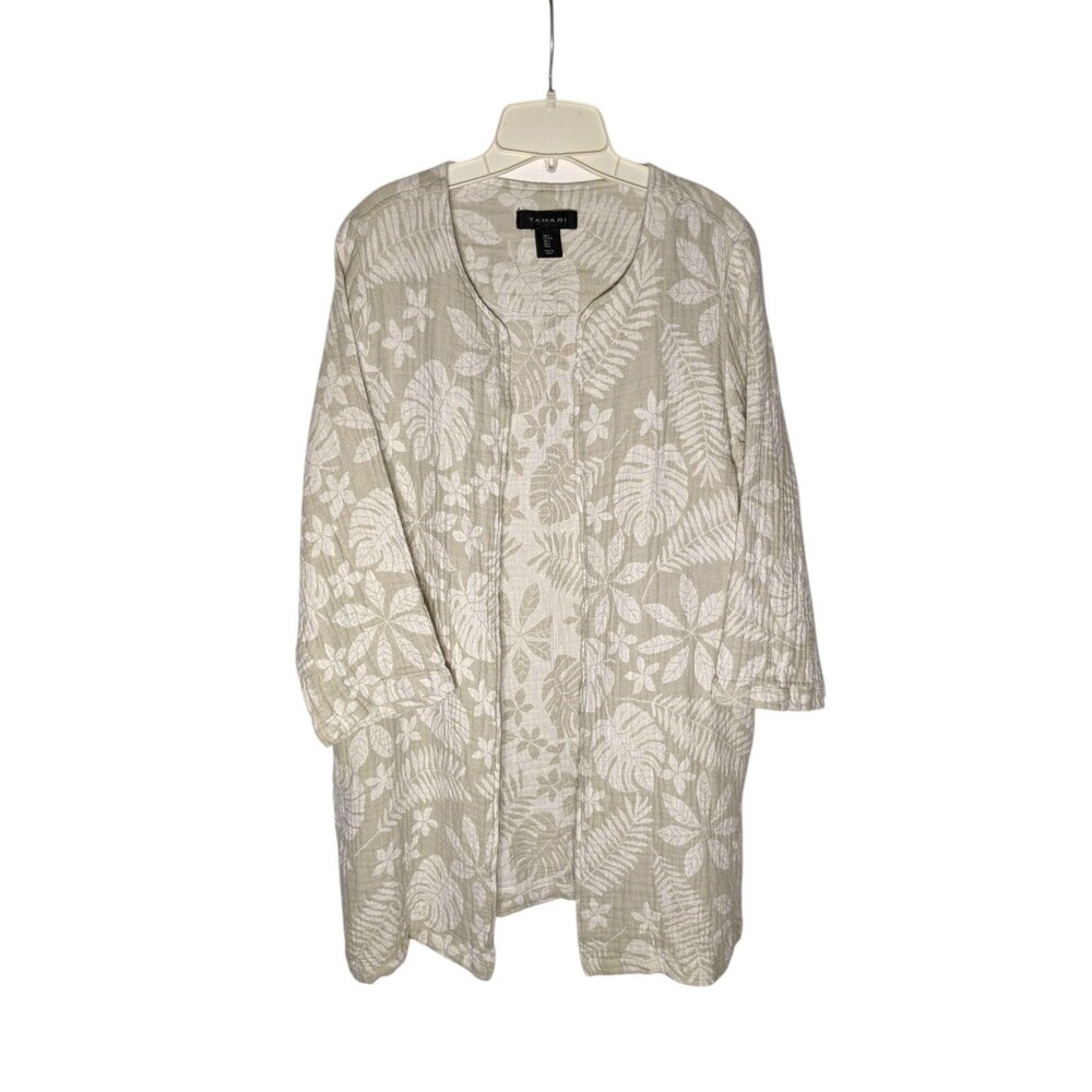 Tahari Linen Cotton Longline Jacket Womens Sz L Neutral Tropical Minimalist